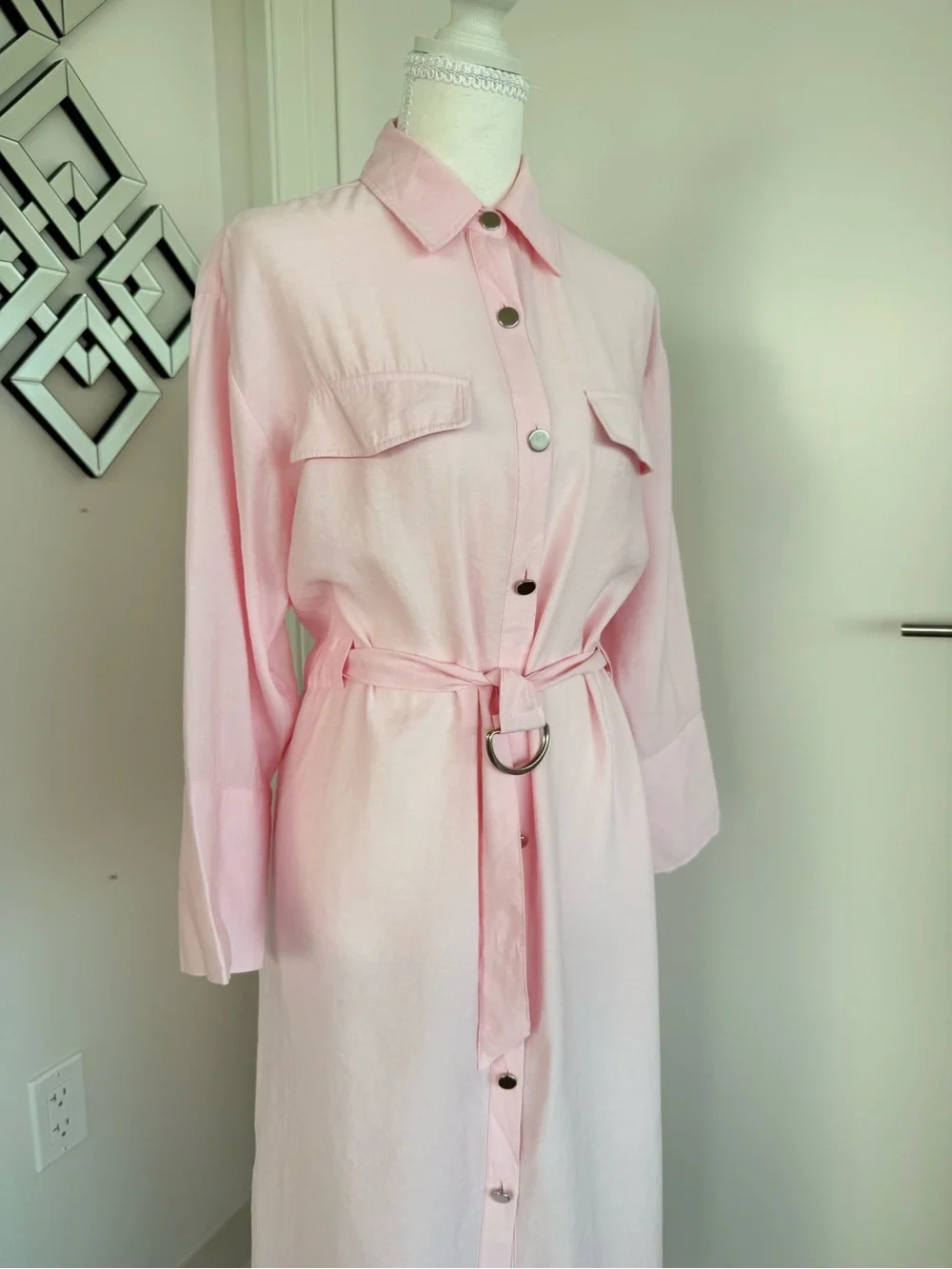 Long Pink Button-Front Shirt Dress